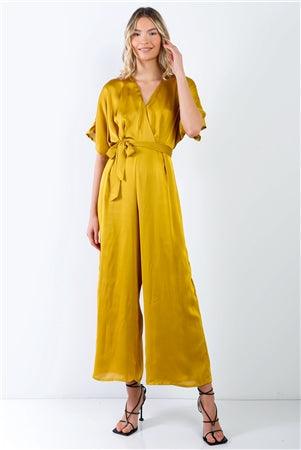 Yellow Dolman Sleeve V-Neck Satin Jumpsuit