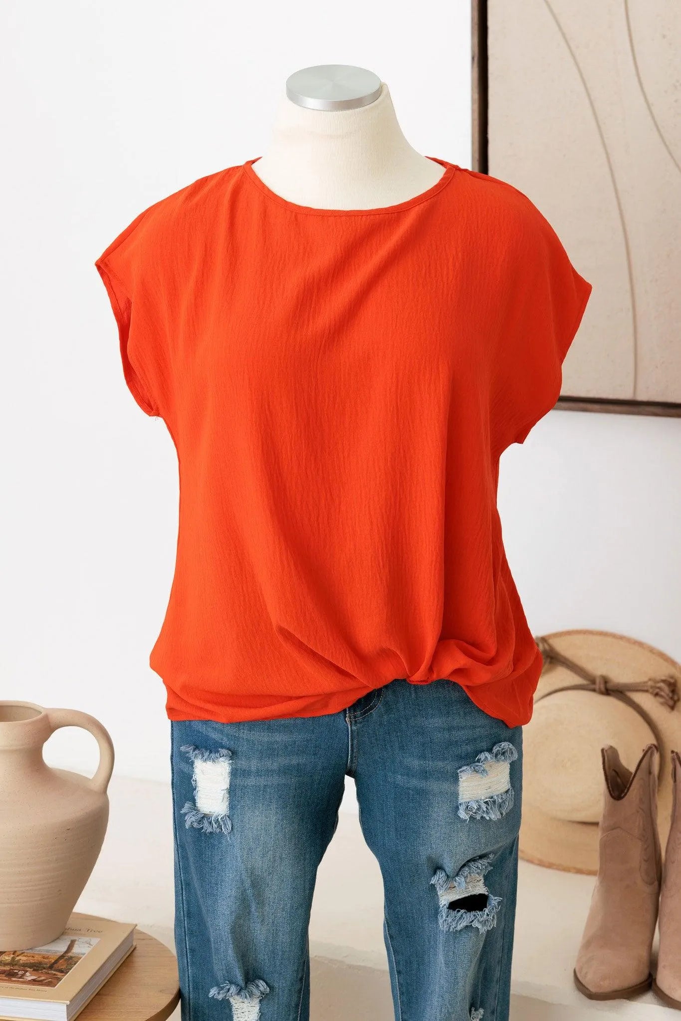 Plus Size Front Knot Solid Woven Tee