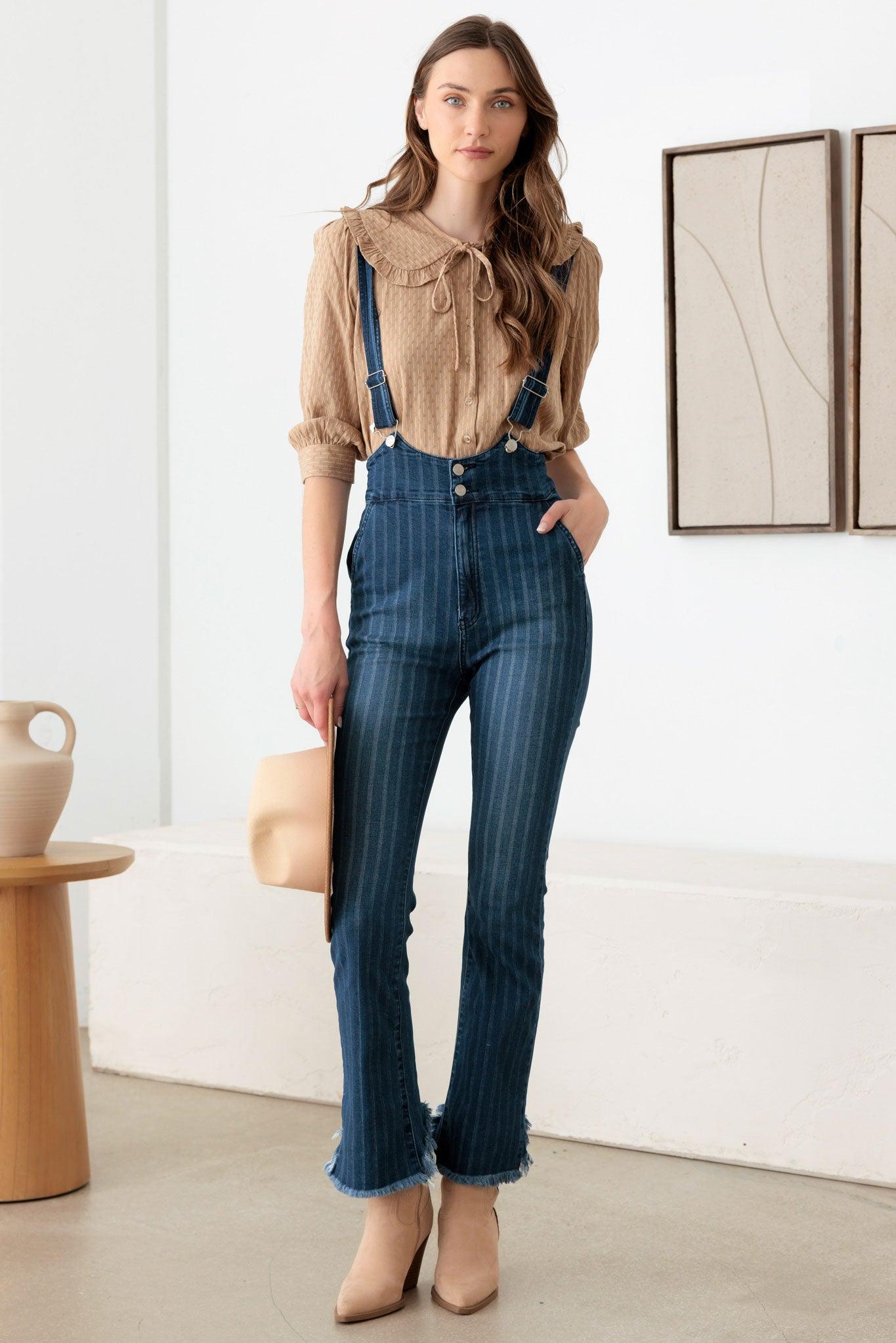 Striped Patter Stretched Suspender Denim Jumpsuit - Tasha Apparel Wholesale