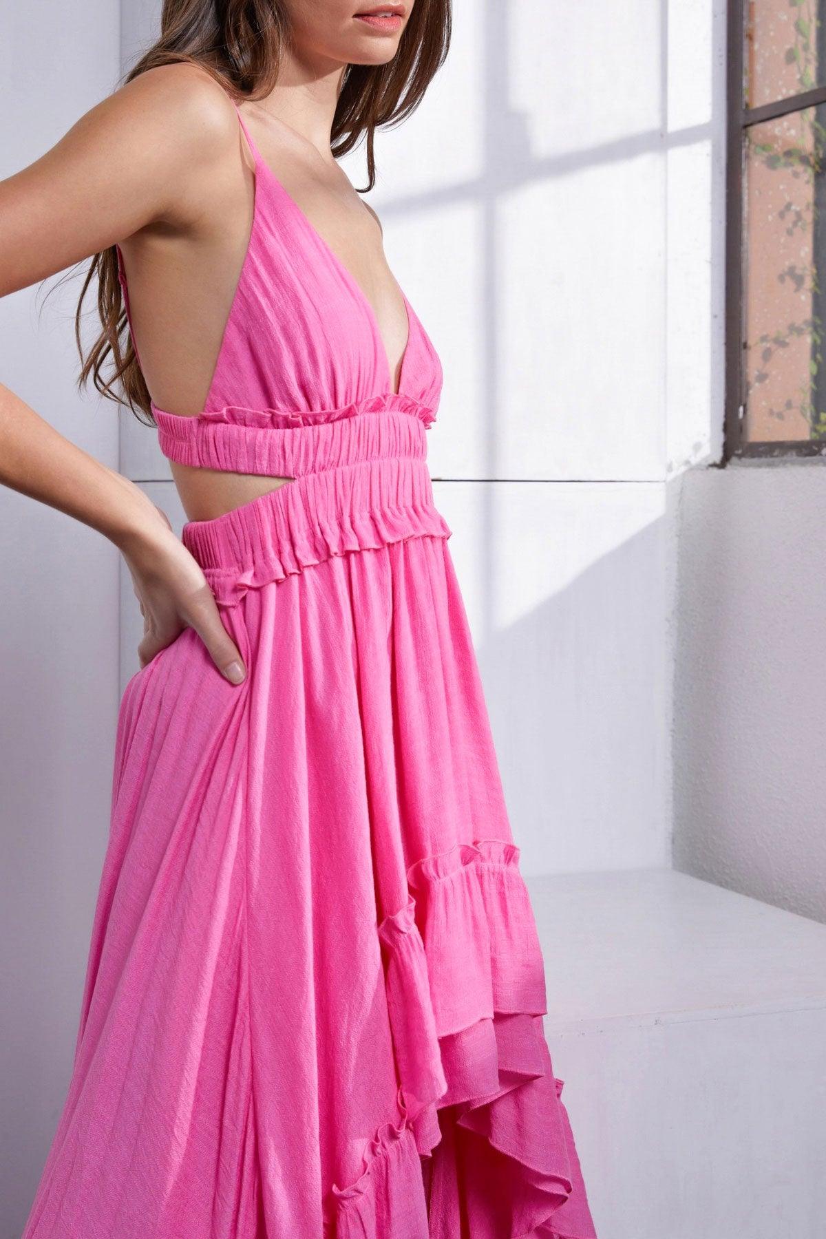 Asymmetric Ruffle Button Hem Open Back Cutout Dress - Tasha Apparel Wholesale