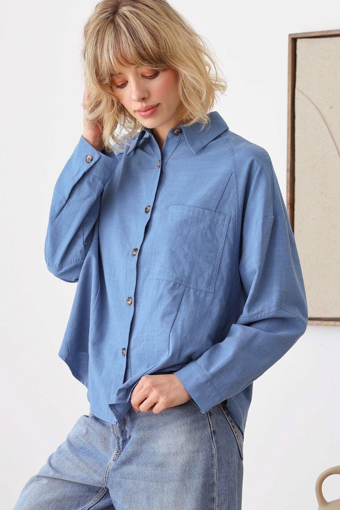 Casual Edge Stitch Long Sleeve Front Single Pocket Shirt Top - Tasha Apparel Wholesale