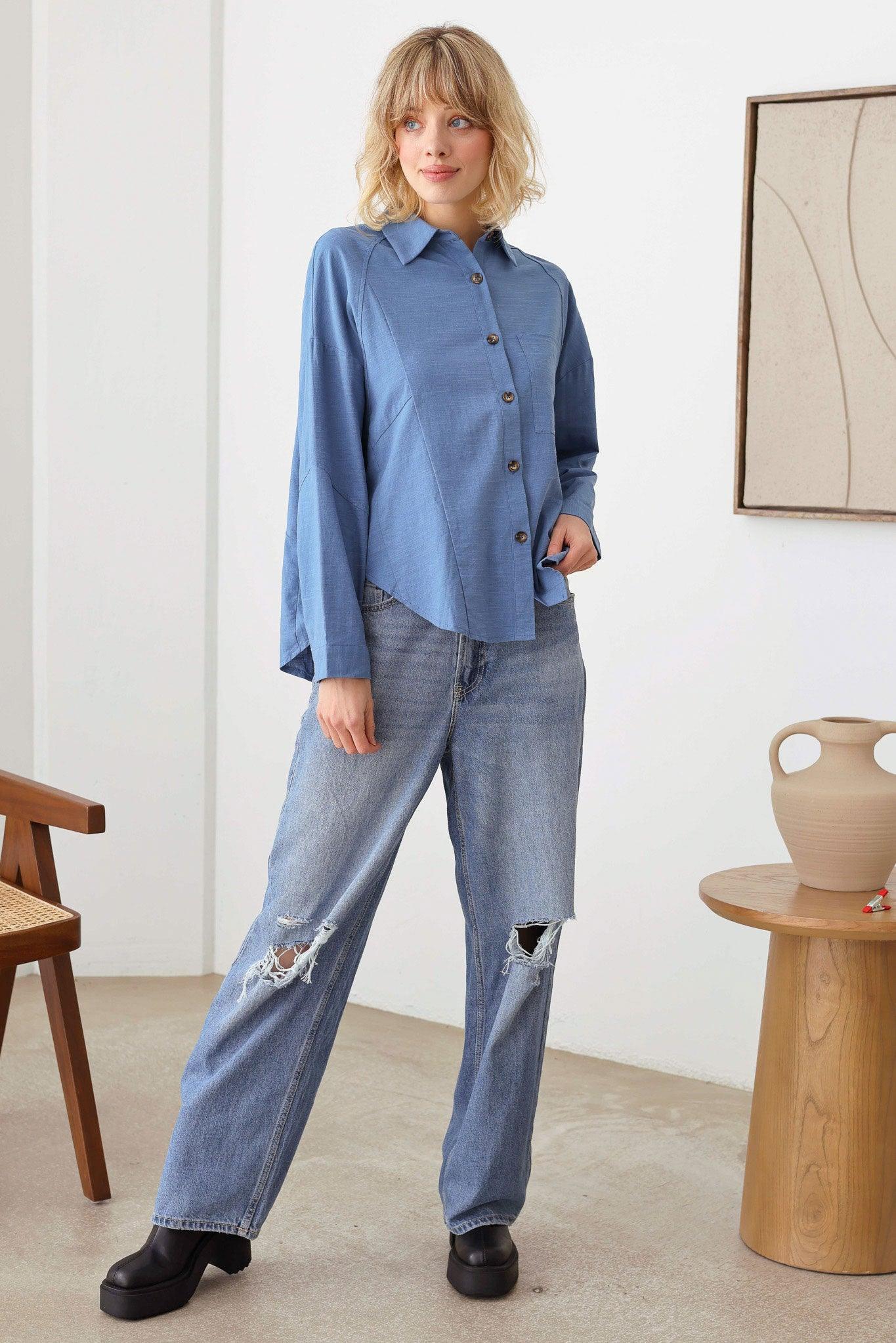 Casual Edge Stitch Long Sleeve Front Single Pocket Shirt Top - Tasha Apparel Wholesale