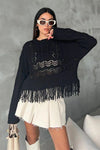 Crochet Hollow Out Fringe Long Sleeve Sweater