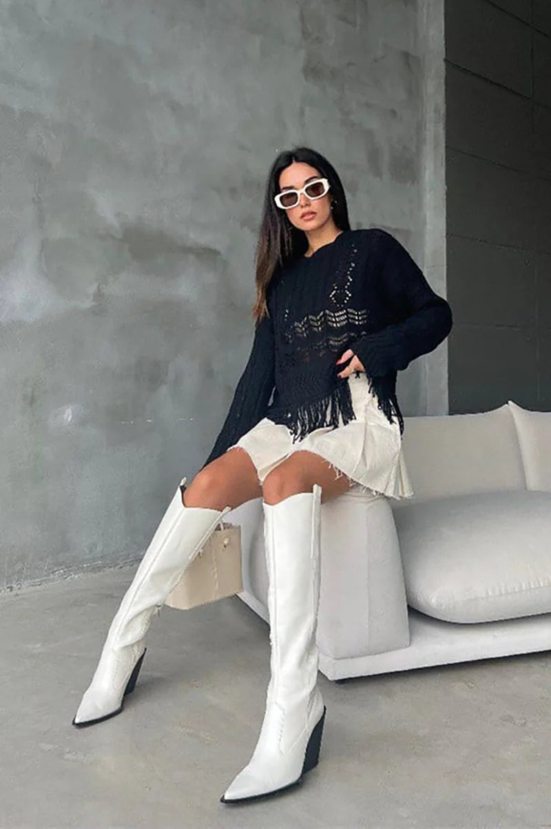 Crochet Hollow Out Fringe Long Sleeve Sweater