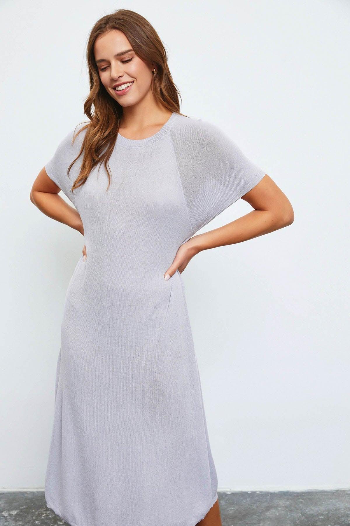 Relax Batwing Short Sleeve Sweater Midi Dress - Tasha Apparel Wholesale