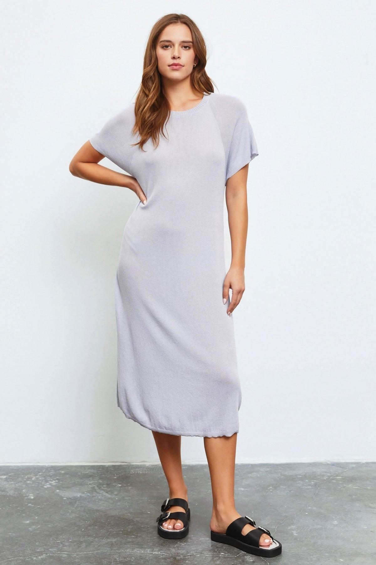 Relax Batwing Short Sleeve Sweater Midi Dress - Tasha Apparel Wholesale