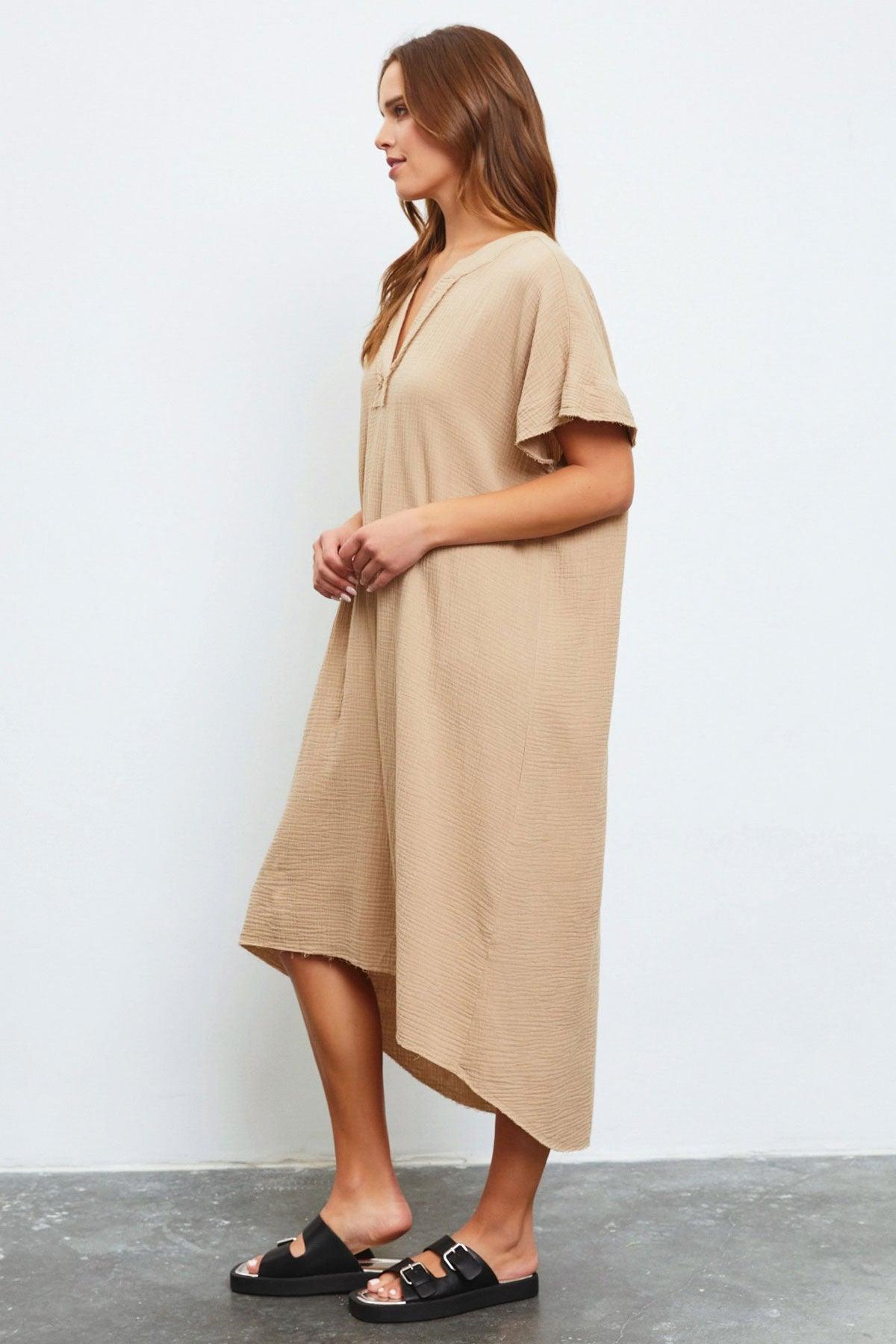 Linen Short Sleeve Hi-Low Midi Tunic Dress - Tasha Apparel Wholesale