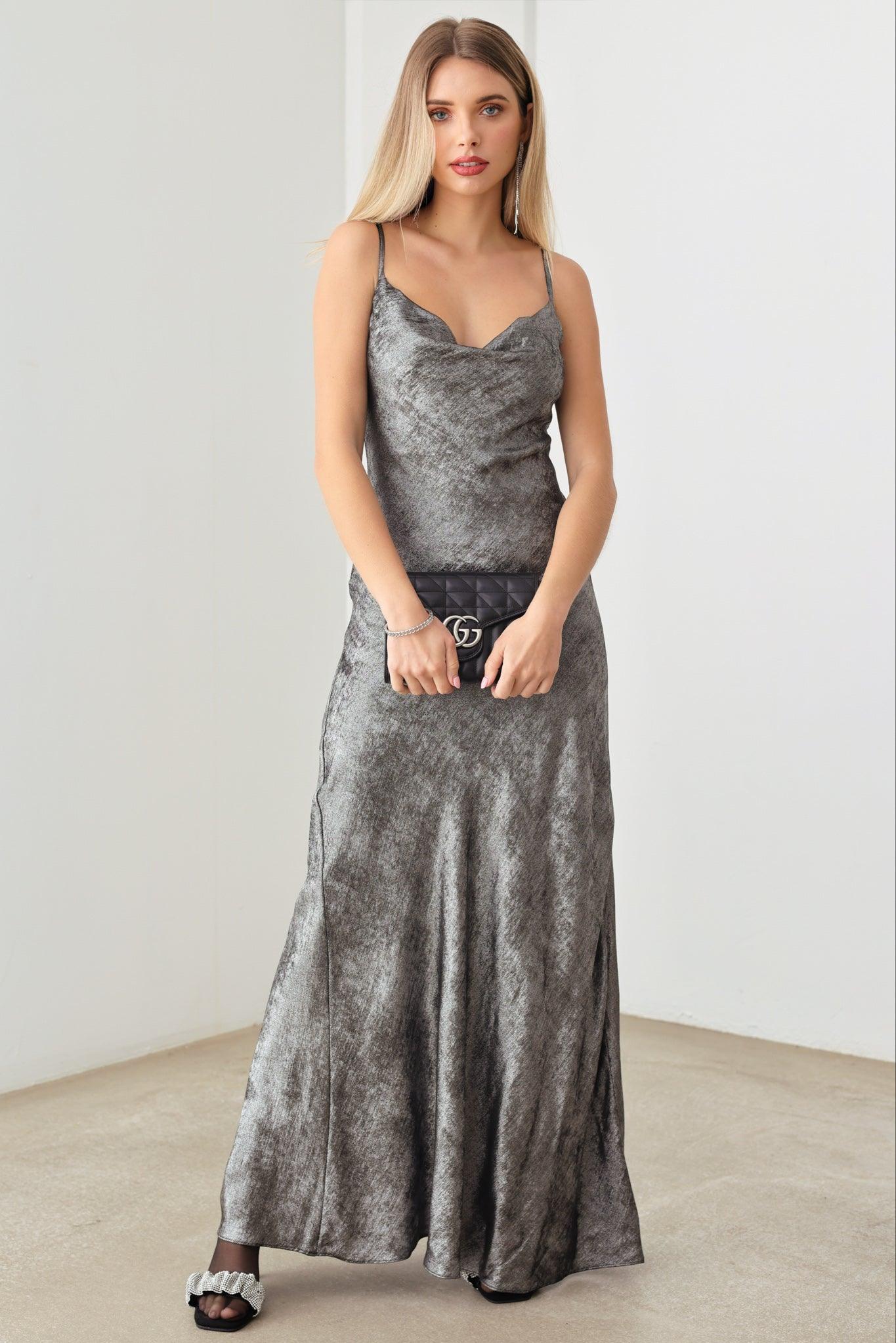 Metallic Cowl Neck Adjustable Strap Slip Maxi Dress - Tasha Apparel Wholesale