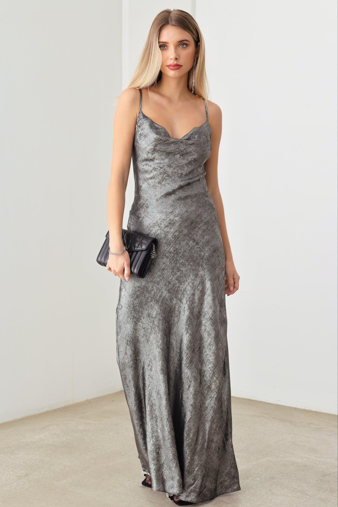 Metallic Cowl Neck Adjustable Strap Slip Maxi Dress - Tasha Apparel Wholesale