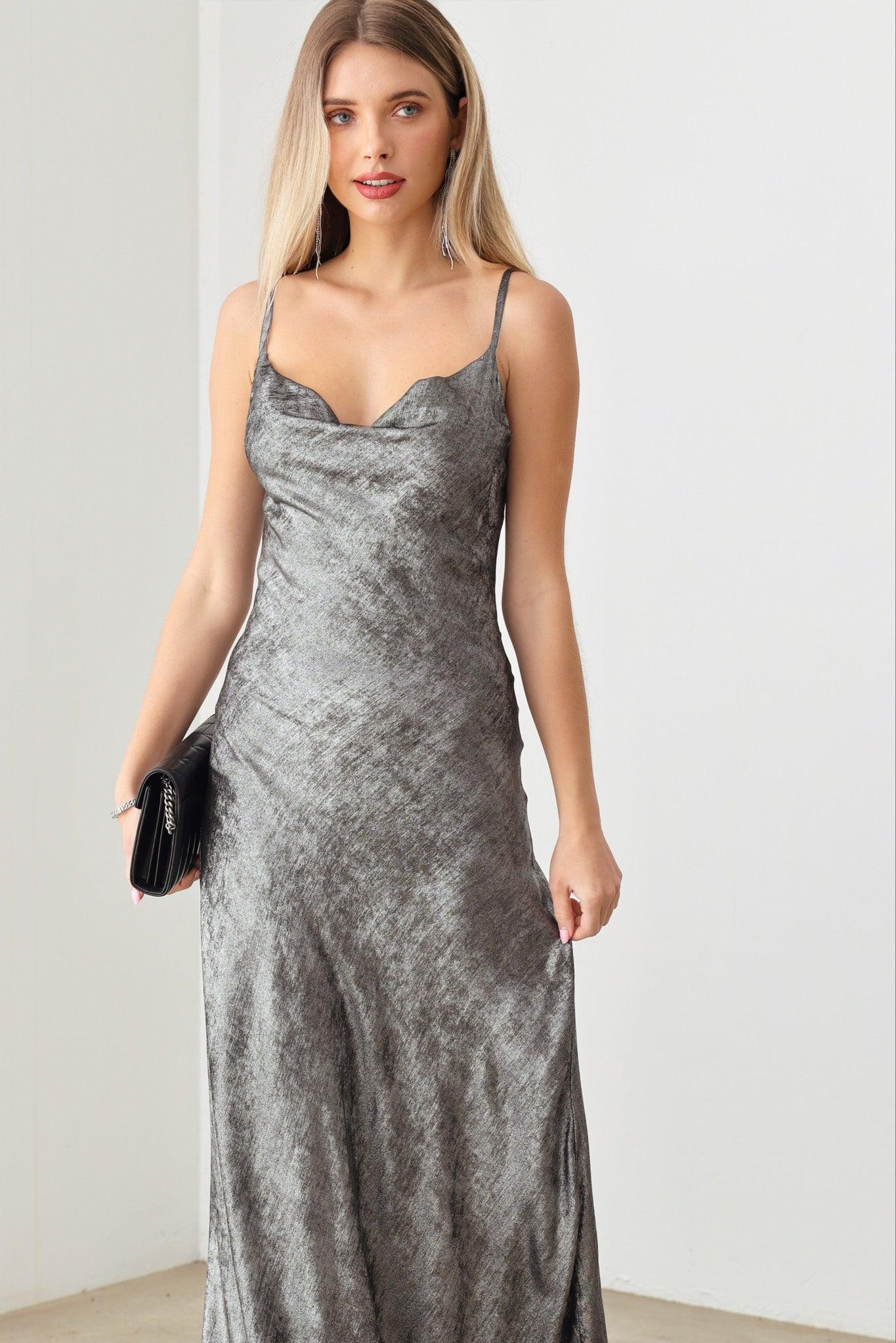 Metallic Cowl Neck Adjustable Strap Slip Maxi Dress - Tasha Apparel Wholesale