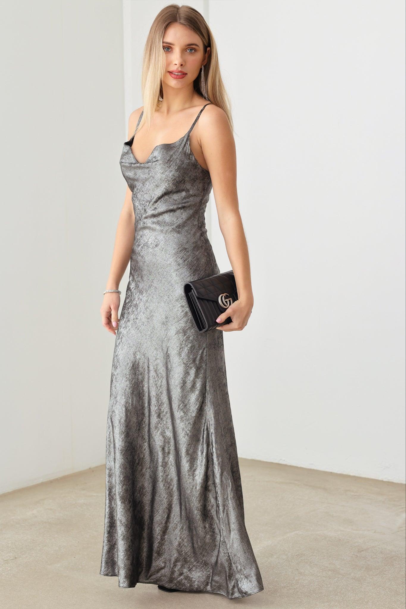 Metallic Cowl Neck Adjustable Strap Slip Maxi Dress - Tasha Apparel Wholesale