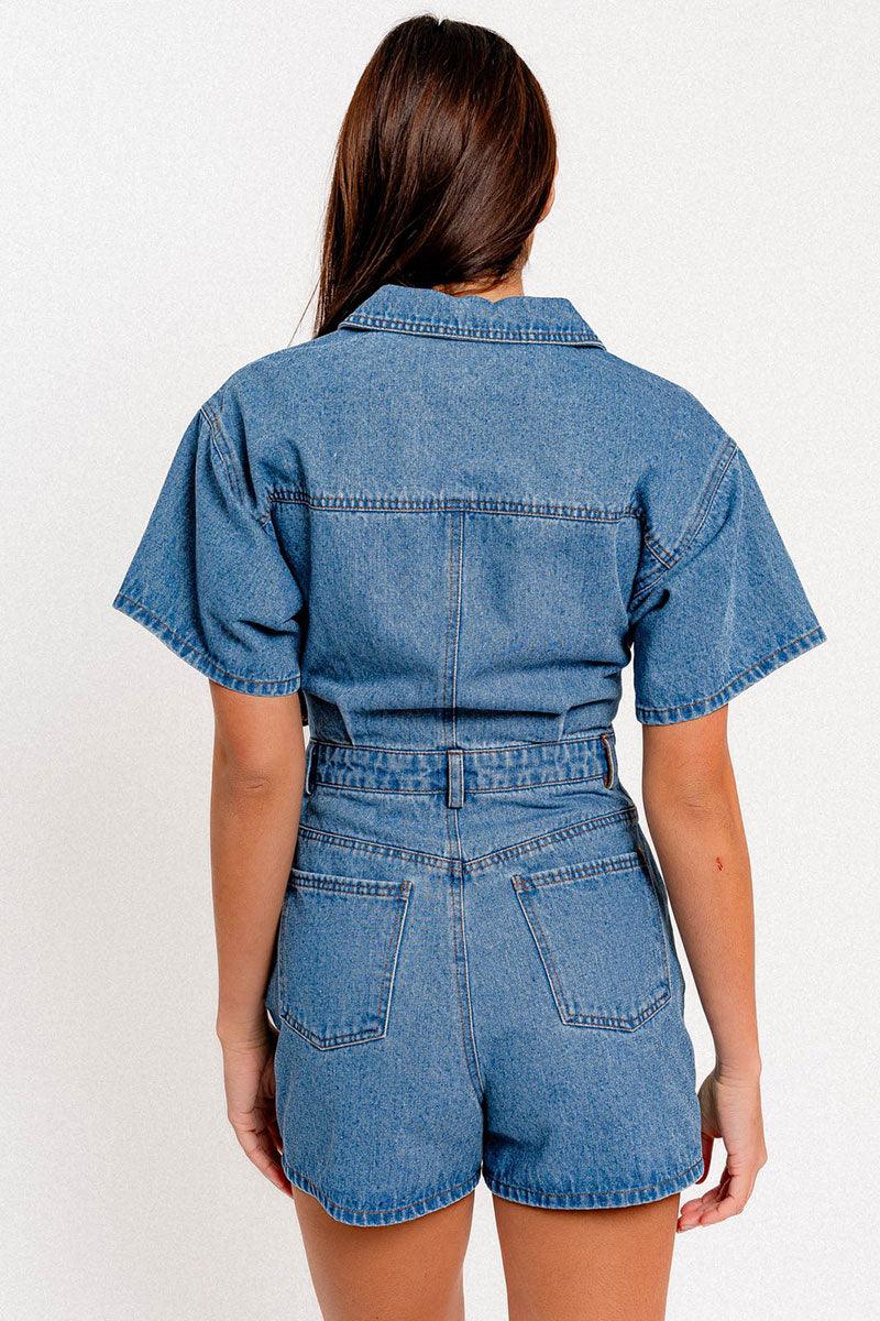 Short Sleeve Deep V-neckline Wrap Denim Romper - Tasha Apparel Wholesale