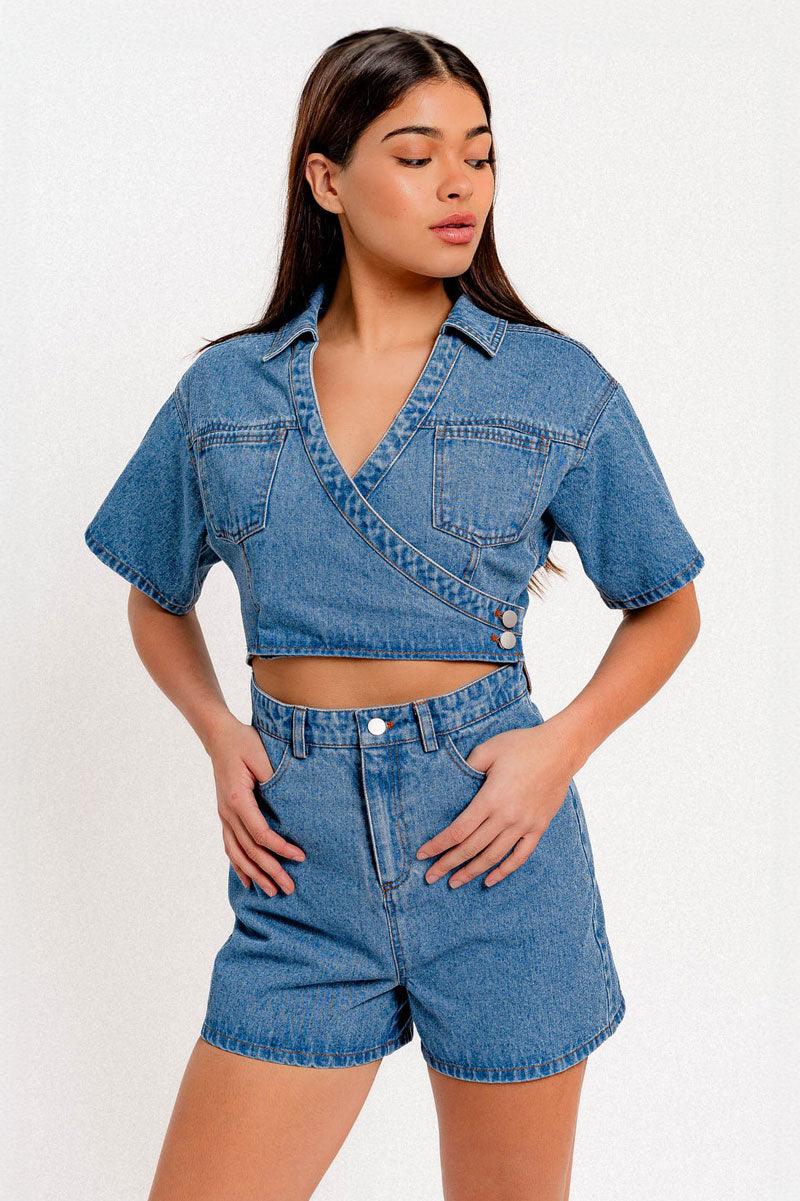 Short Sleeve Deep V-neckline Wrap Denim Romper - Tasha Apparel Wholesale