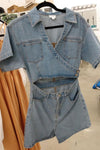 SM9511 Short Sleeve Wrap Denim Romper - Tasha Apparel Wholesale