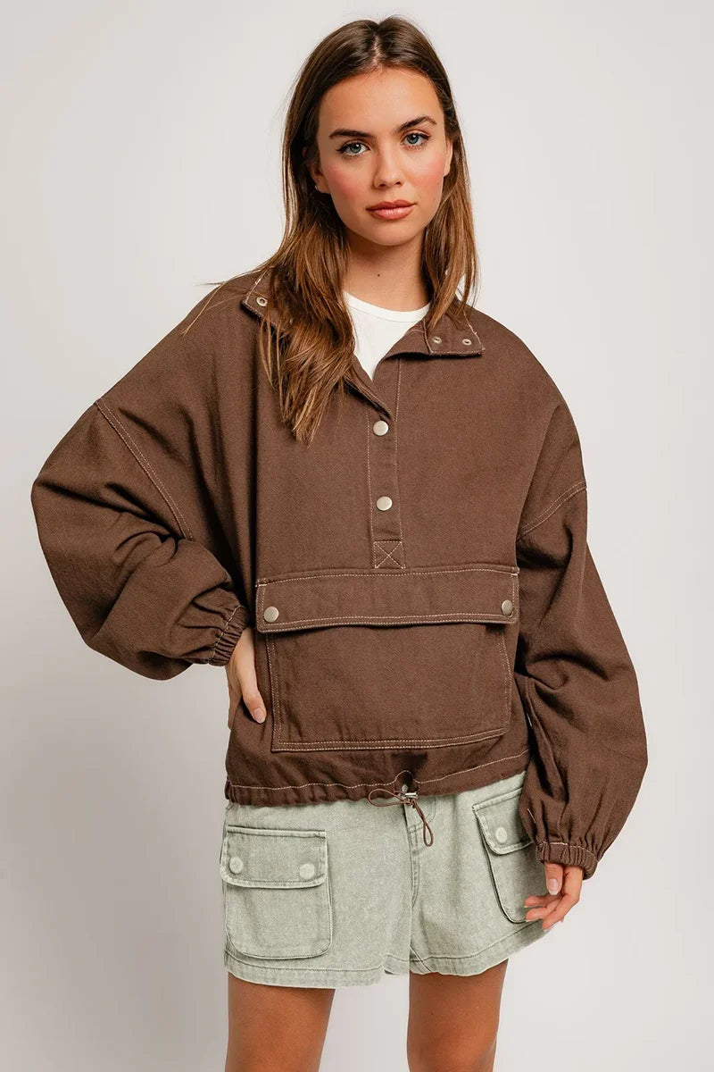 Cotton Front Pocket Denim Oversized Pullover Jacket