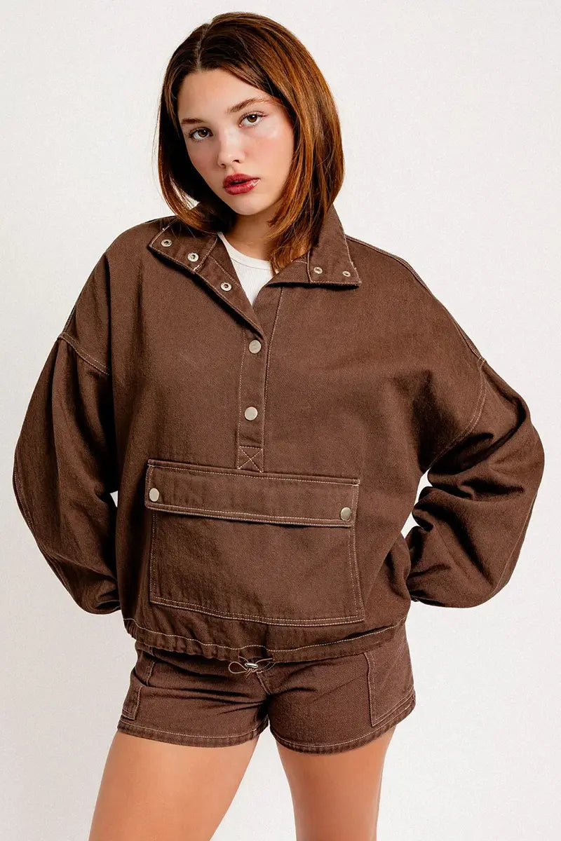 Cotton Front Pocket Denim Oversized Pullover Jacket