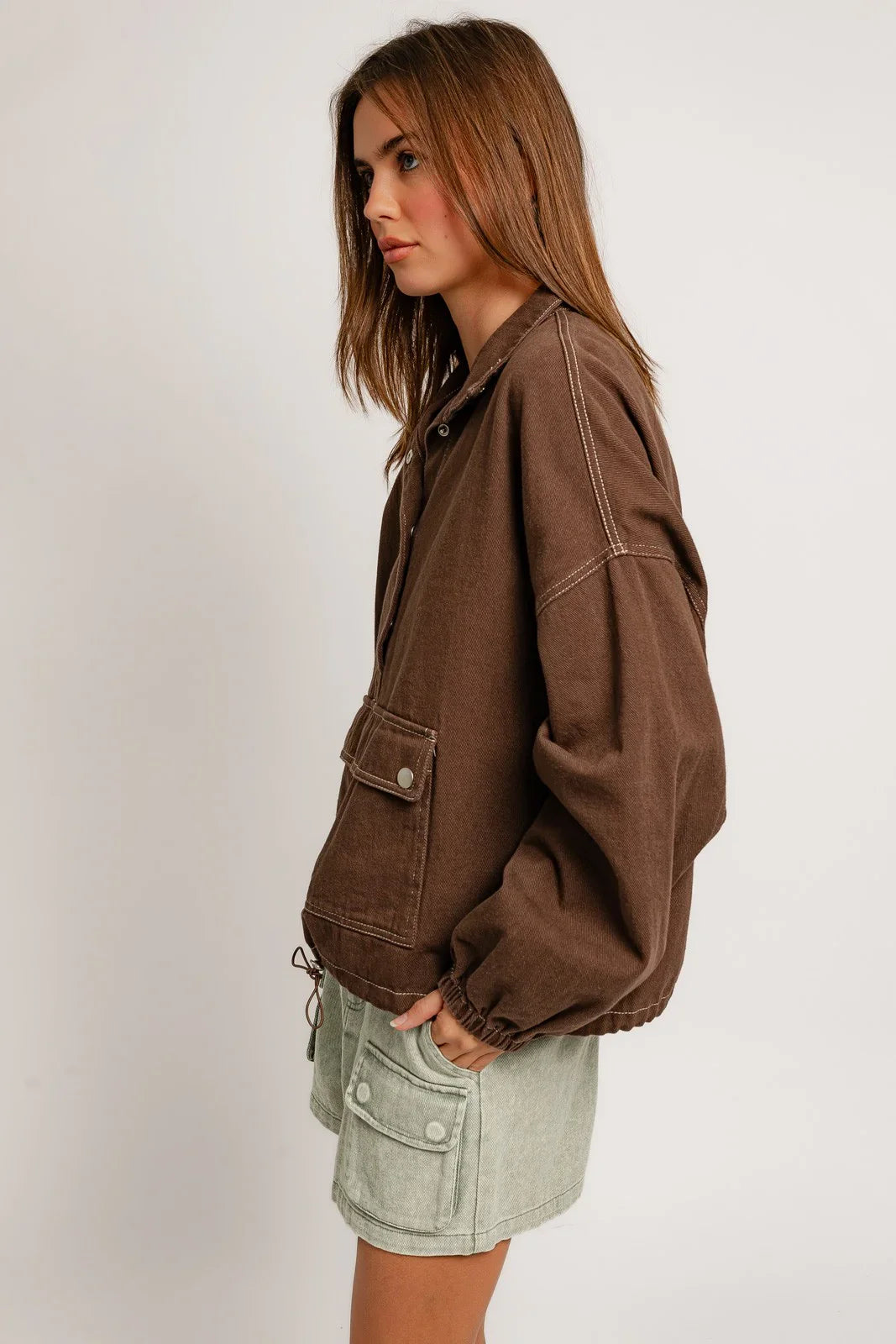 Cotton Front Pocket Denim Oversized Pullover Jacket