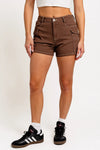 Brown Denim Mid Waist Front Pocket Shorts - Tasha Apparel Wholesale