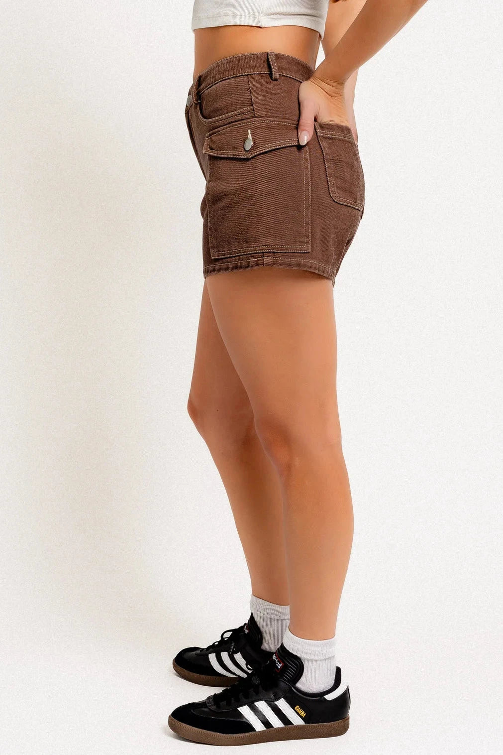 Brown Denim Mid Waist Front Pocket Shorts