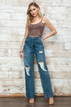 High Waisted Distressed Knee Ripped Wide Leg Denim Jeans - Tasha Apparel Wholesale