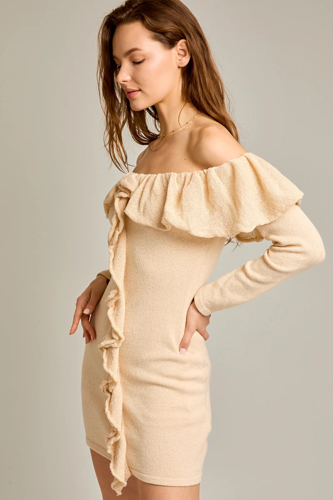 Off The Shoulder Ruffle Long Sleeve Sweater Mini Dress