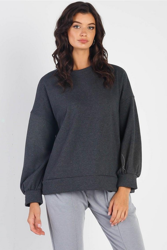 Charcoal Long Balloon Sleeve Crew Neck Top /1-1-1