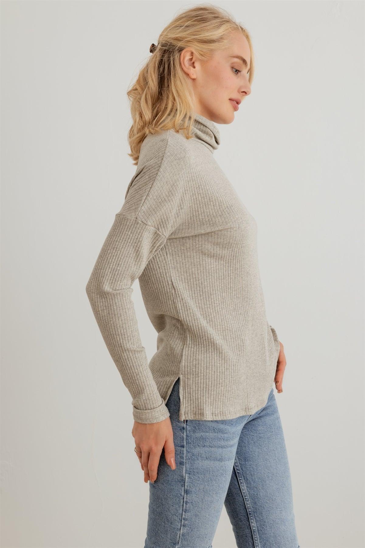 Grey Ribbed Turtle Neck Long Sleeve Top /2-2-2