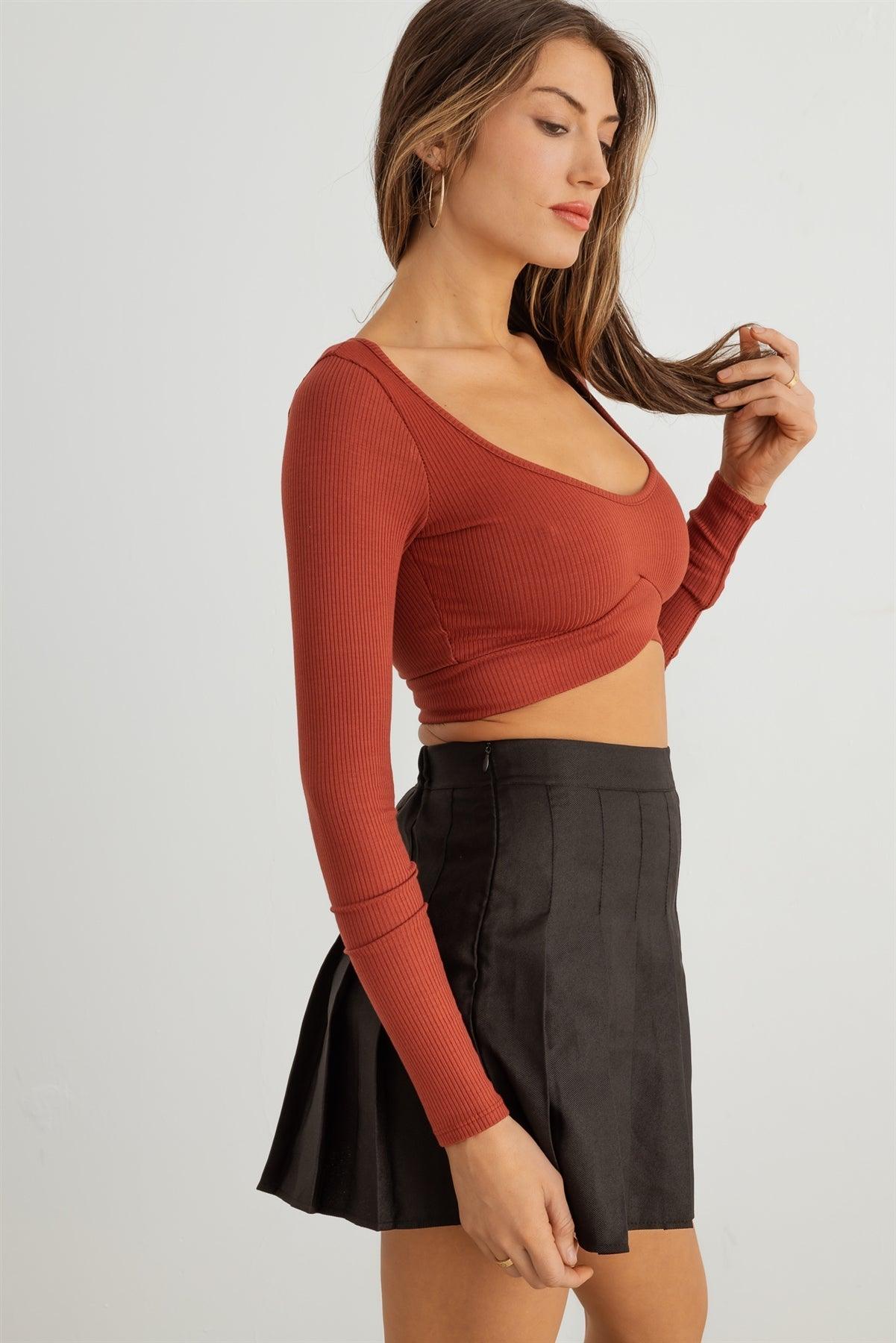 Terracotta Ribbed Scoop Neck Long Sleeve Crop Top /2-2-2