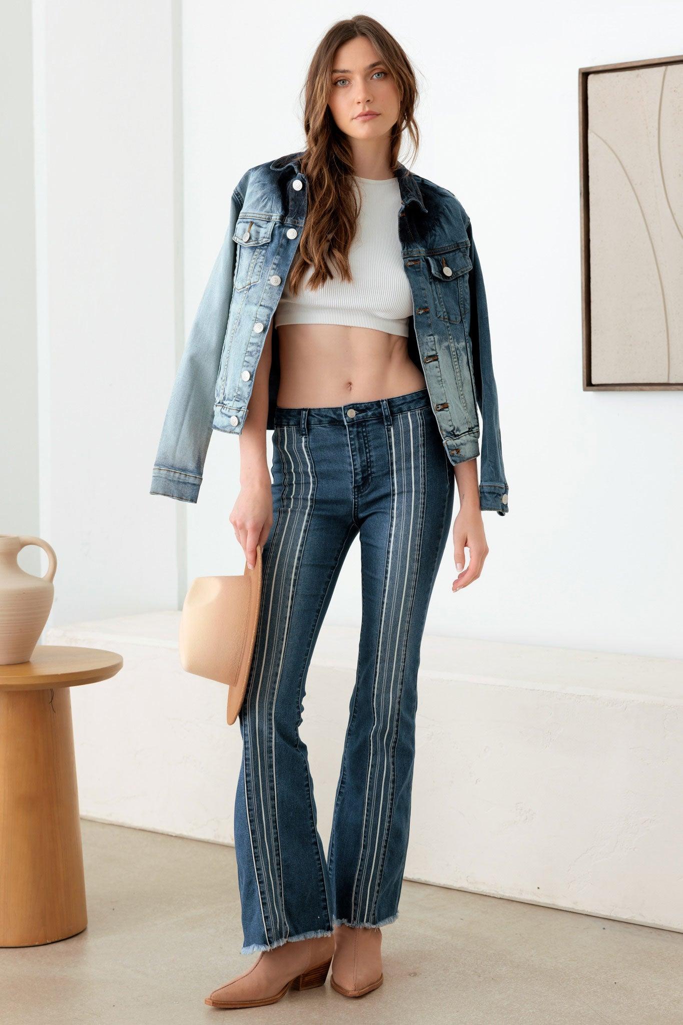 Mid Rise Flare pin stripe Denim Pants - Tasha Apparel Wholesale