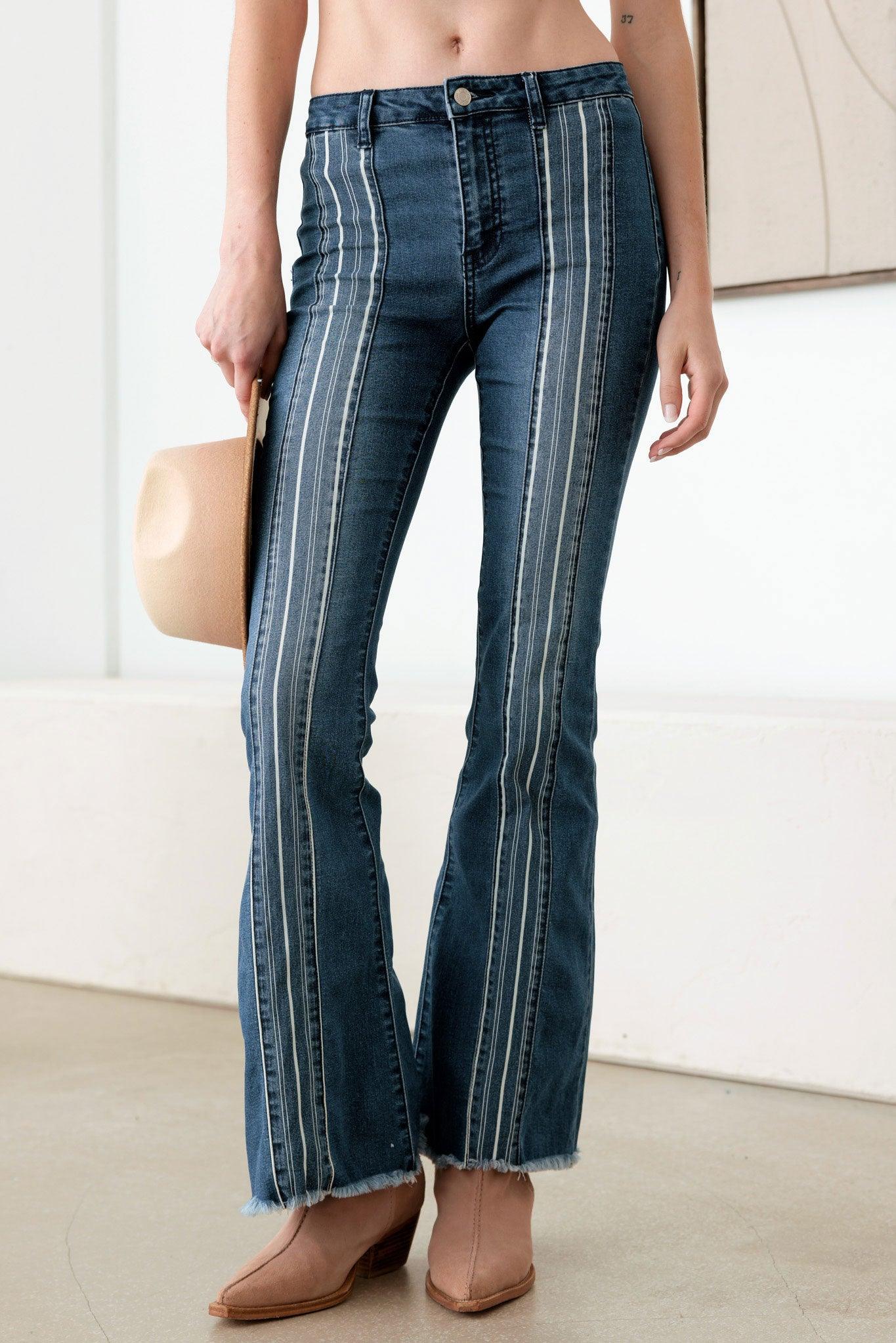 Mid Rise Flare pin stripe Denim Pants - Tasha Apparel Wholesale