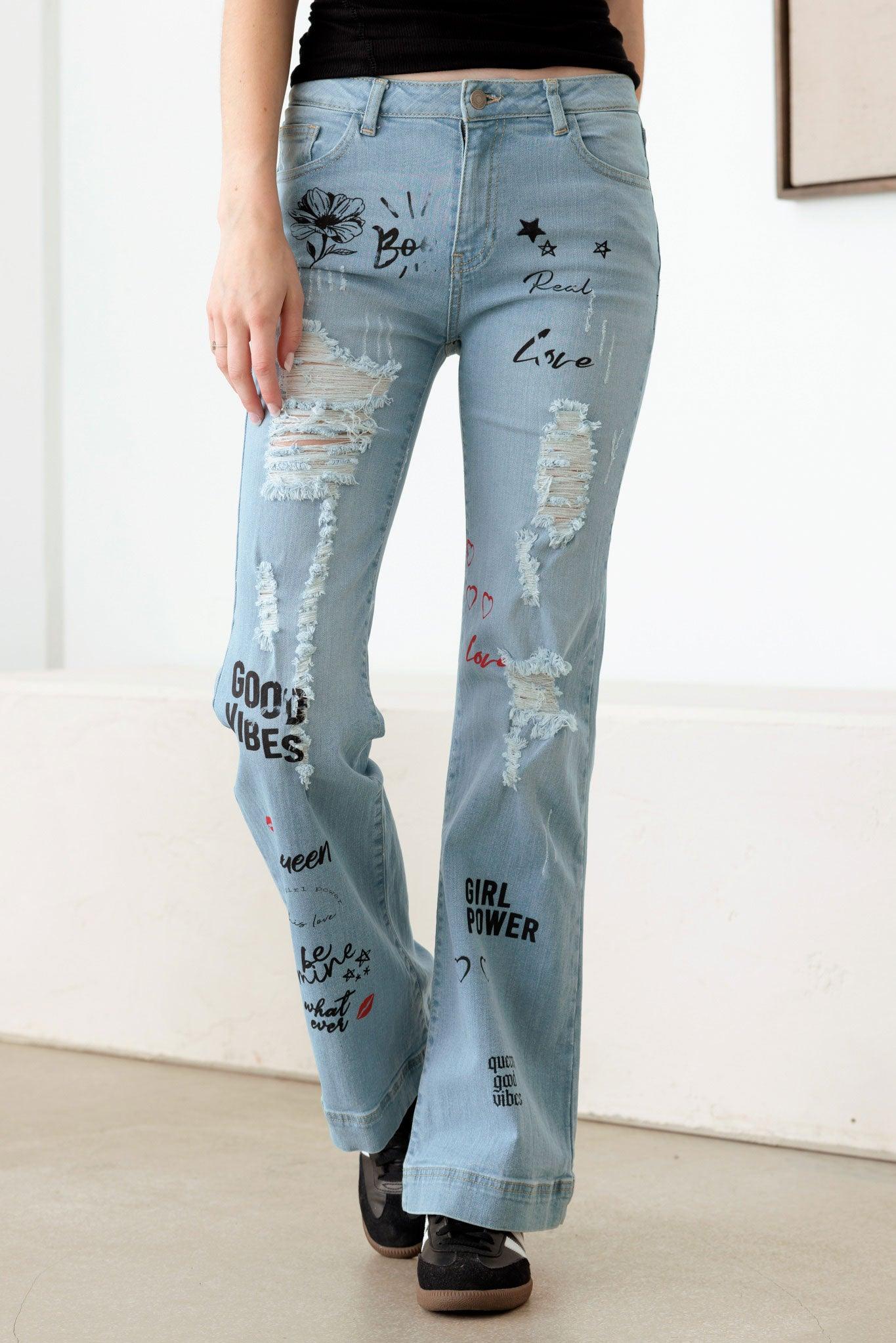 High Waist Slogan Flare Denim Pants - Tasha Apparel Wholesale