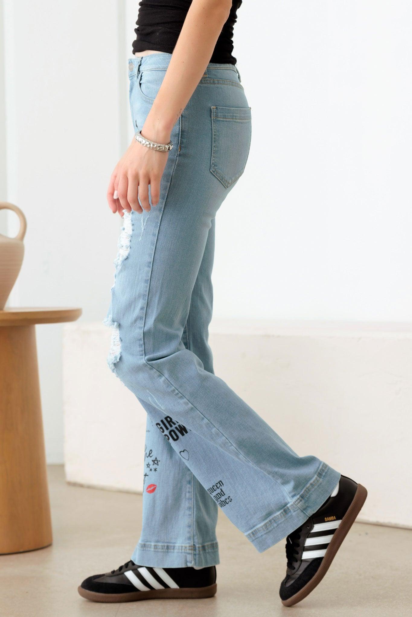 High Waist Slogan Flare Denim Pants - Tasha Apparel Wholesale