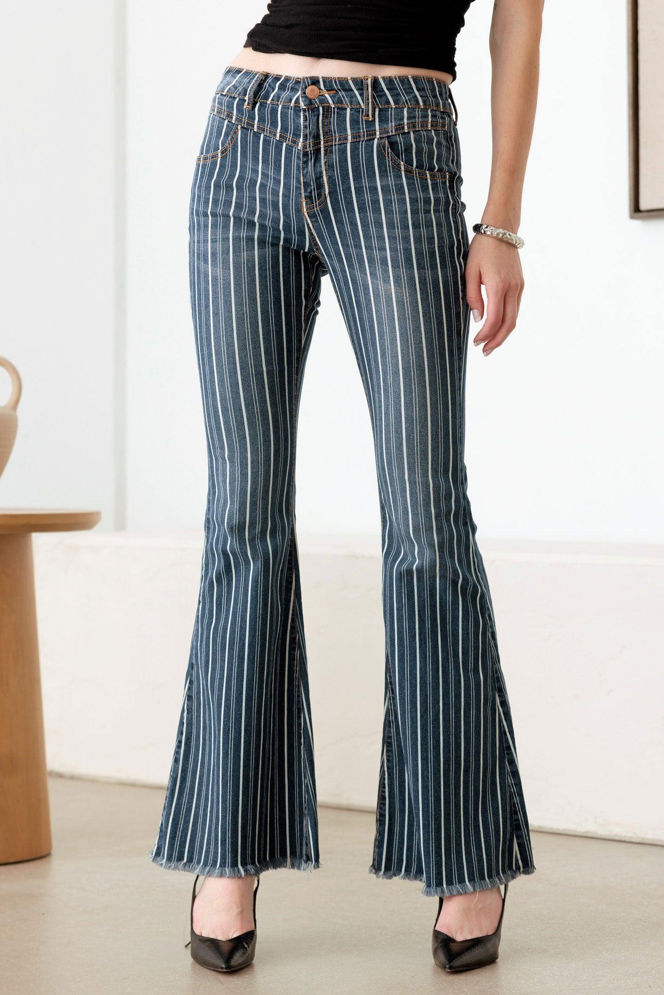 Mid Waist Stripe Flare Denim Pants - Tasha Apparel Wholesale