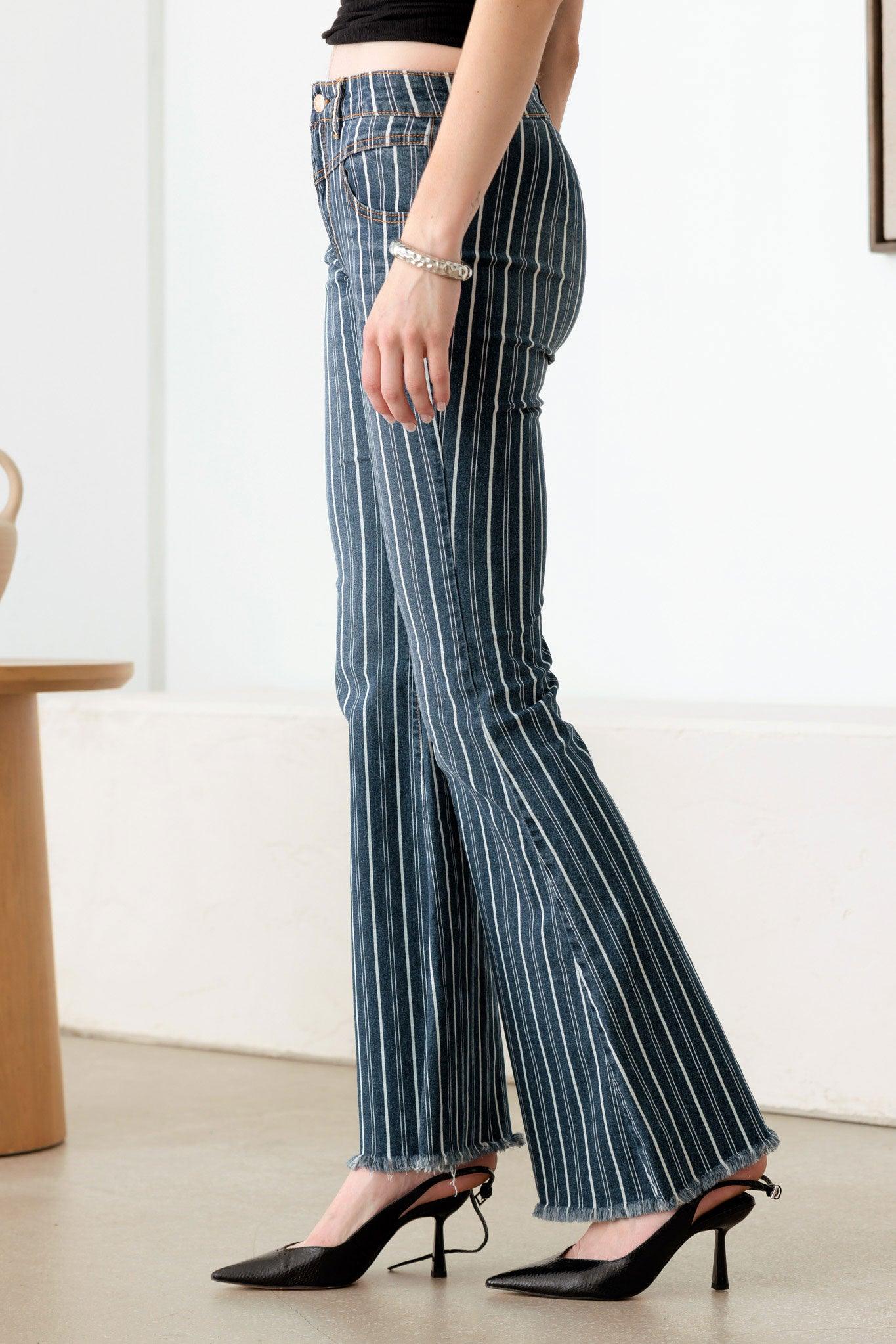 Mid Waist Stripe Flare Denim Pants - Tasha Apparel Wholesale