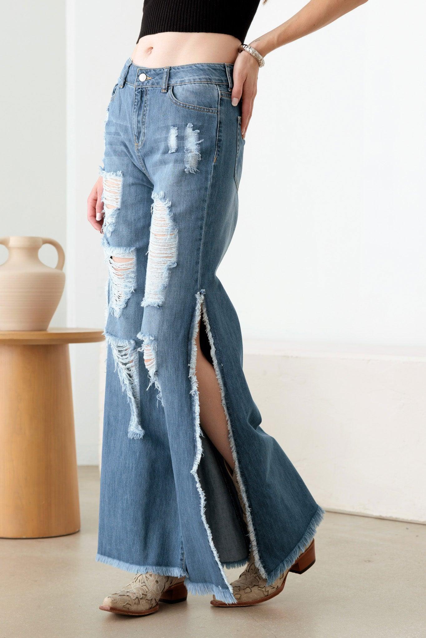 Side Slit Wide Leg Destroyed Denim Jeans - Tasha Apparel Wholesale