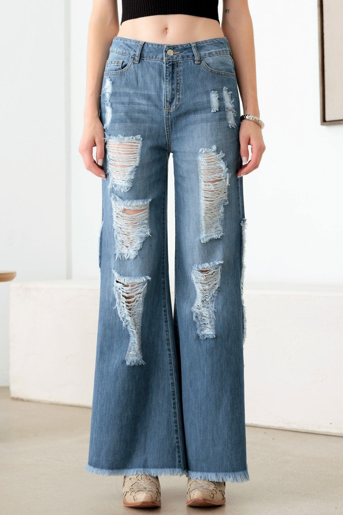 Side Slit Wide Leg Destroyed Denim Jeans - Tasha Apparel Wholesale