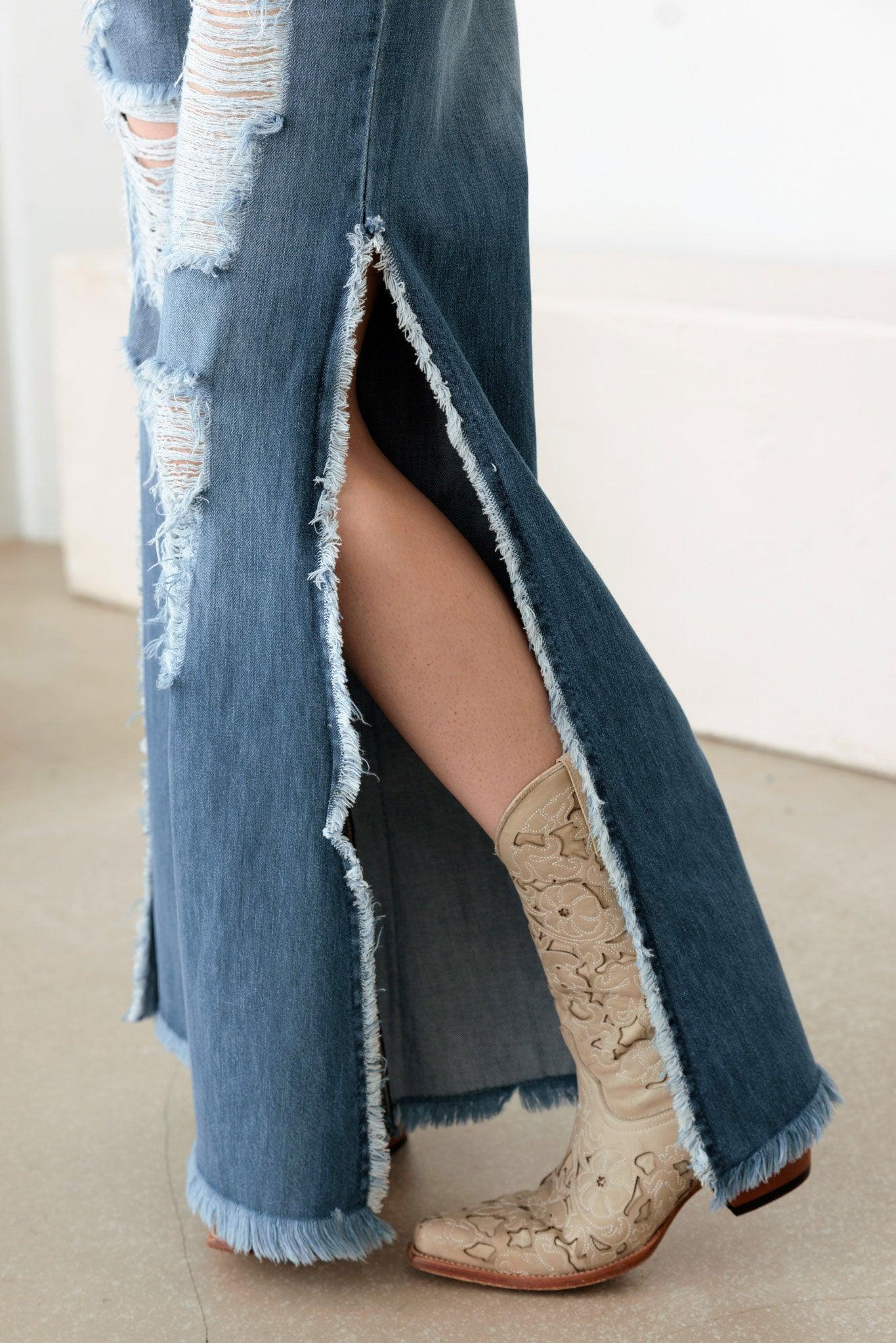 Side Slit Wide Leg Destroyed Denim Jeans - Tasha Apparel Wholesale