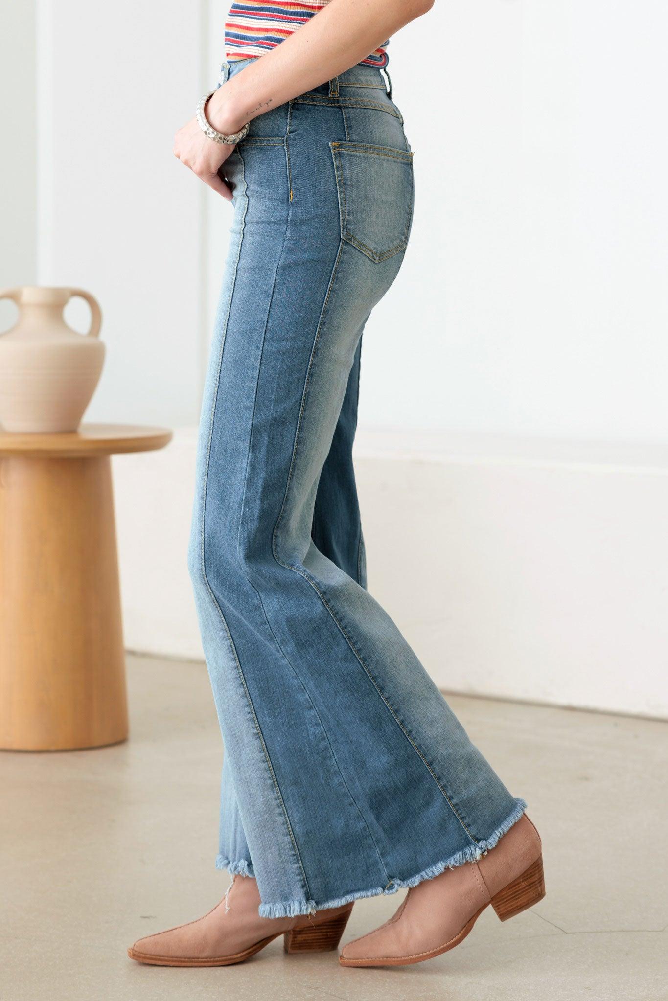 High Waist Front Seam Detail Flare Denim Pants - Tasha Apparel Wholesale