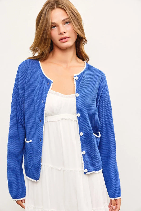 Blue Knit Contrast Trim Two Side Pocket Cardigan