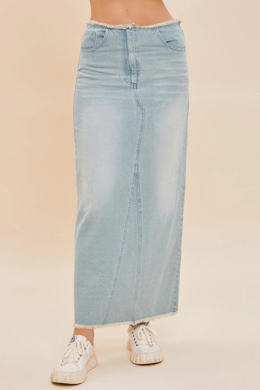 Frayed Back Slit Maxi Denim Skirt