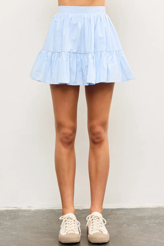 Baby Blue Tiered Ruffle Elastic Waistband Side Pocket Mini Skort