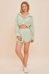 Linen Textured Twisted Long Sleeve Crop Top & Shorts Set