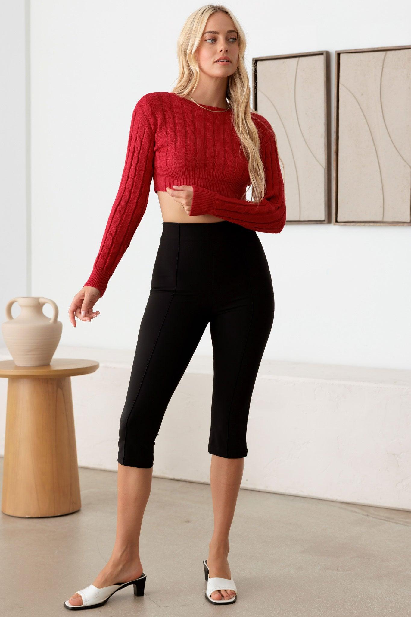 Cable Pattern Long Sleeve Crop Sweater Top - Tasha Apparel Wholesale