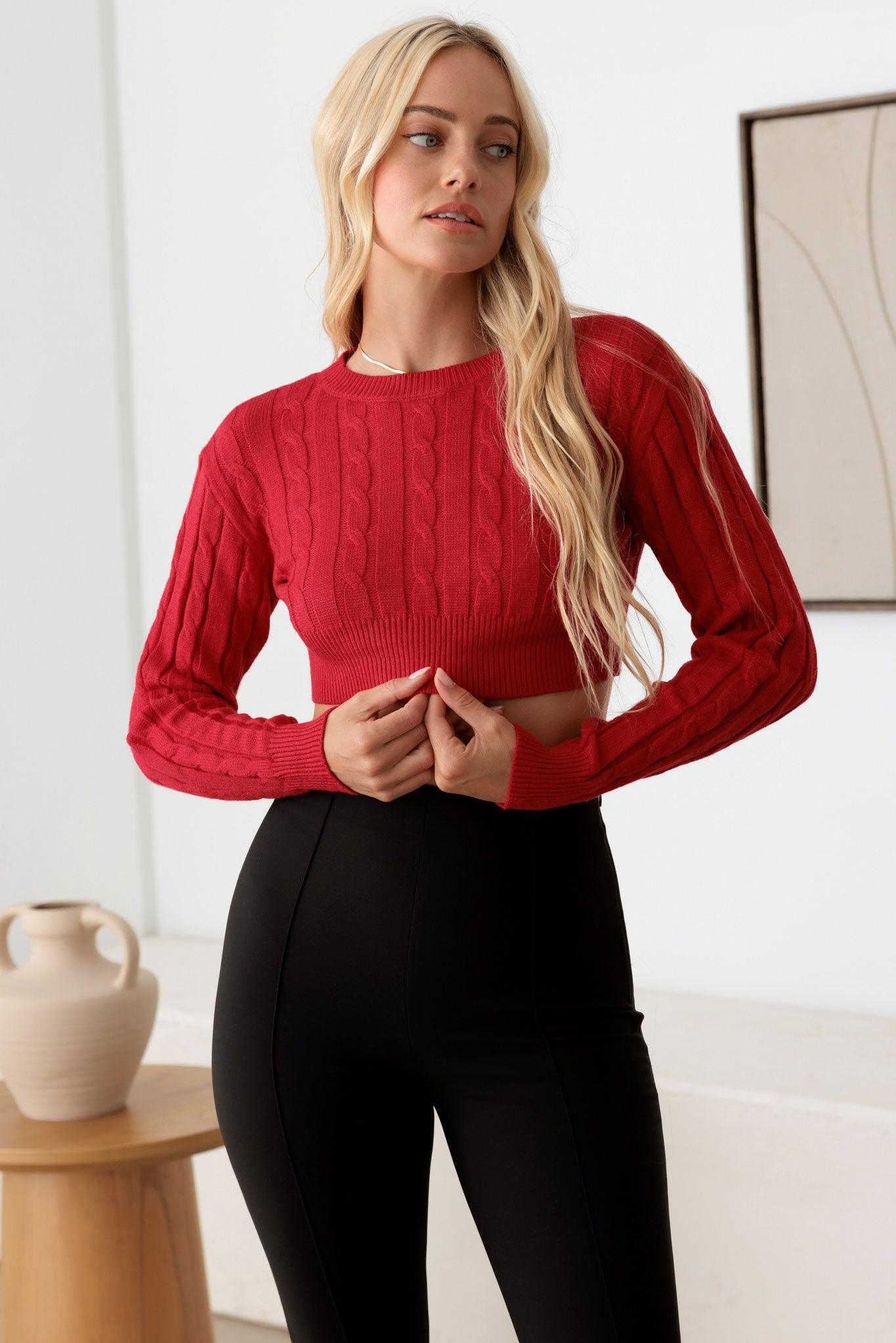 Cable Pattern Long Sleeve Crop Sweater Top - Tasha Apparel Wholesale