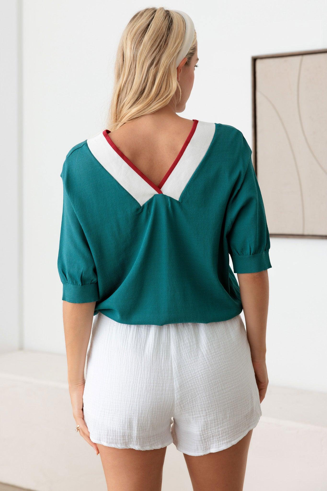 Teal Vintage Chevron Contrasting Accents Knit Top - Tasha Apparel Wholesale