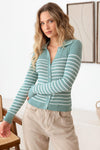 Collared Stripe Knit Long Sleeve Cardigan - Tasha Apparel Wholesale