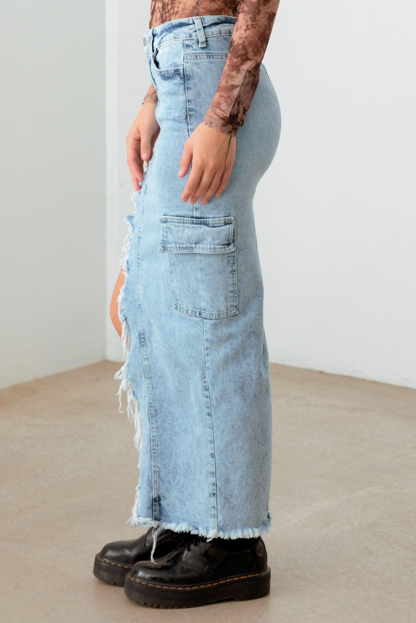 Front & Back Slit Cargo Pocket Maxi Denim Skirt - Tasha Apparel Wholesale