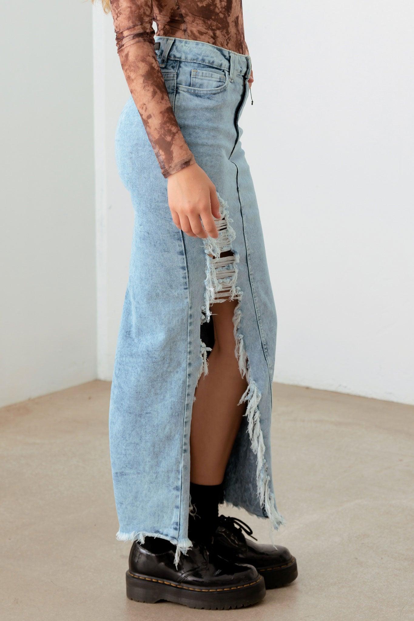 Front & Back Slit Cargo Pocket Maxi Denim Skirt - Tasha Apparel Wholesale