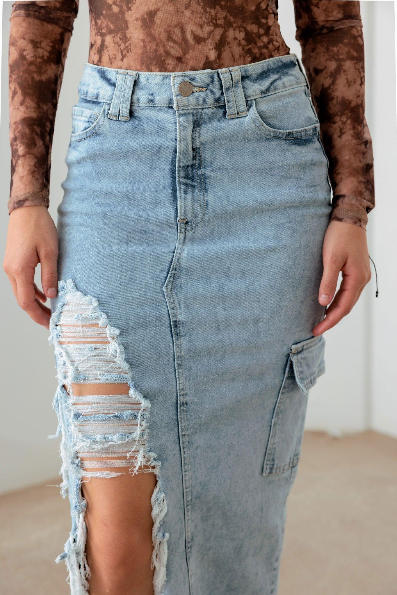 Front & Back Slit Cargo Pocket Maxi Denim Skirt - Tasha Apparel Wholesale