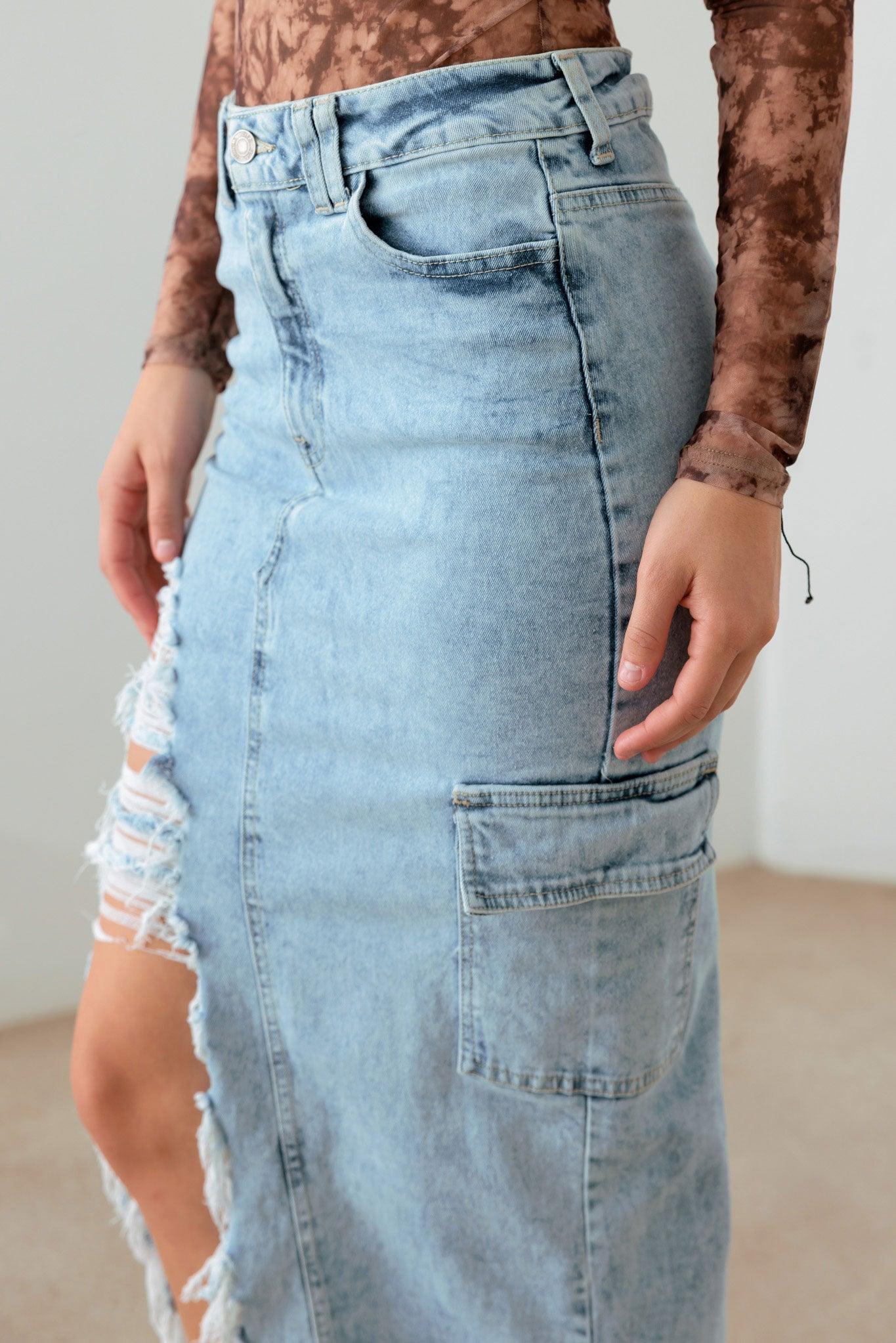 Front & Back Slit Cargo Pocket Maxi Denim Skirt - Tasha Apparel Wholesale